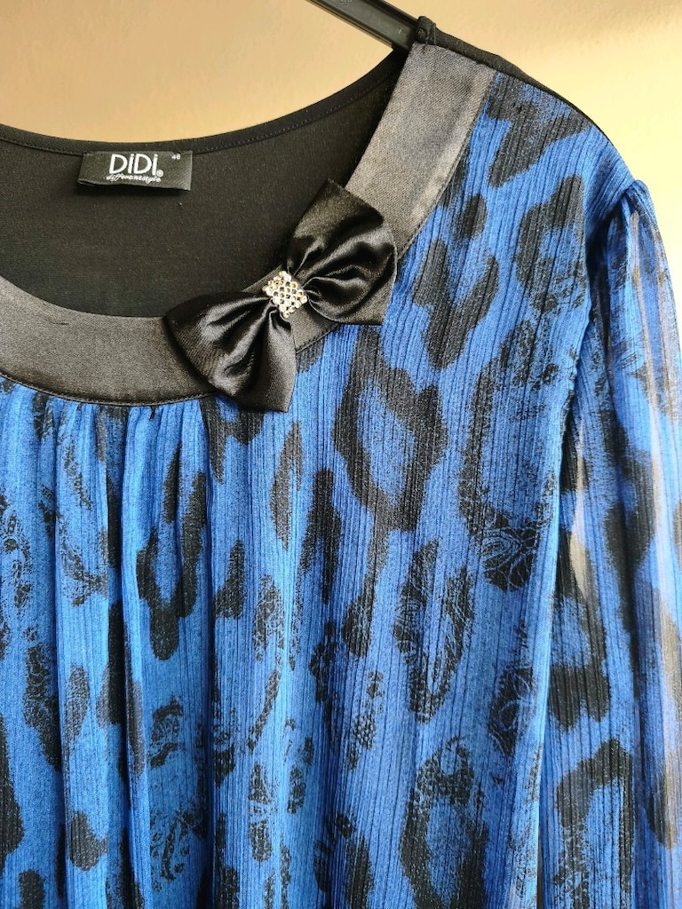 Saks Mavi Leopar Desenli Tül Detaylı Bluz 48 Beden - 4