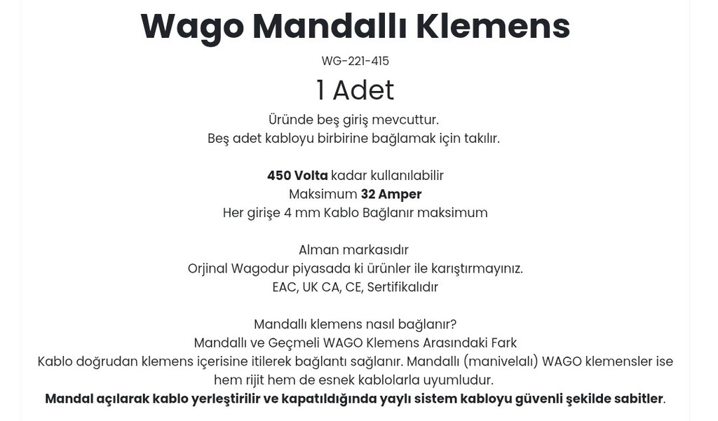 Elektrik tesisatlarında güvenli bağlantı sağlamak için kullanılan Wago - 4