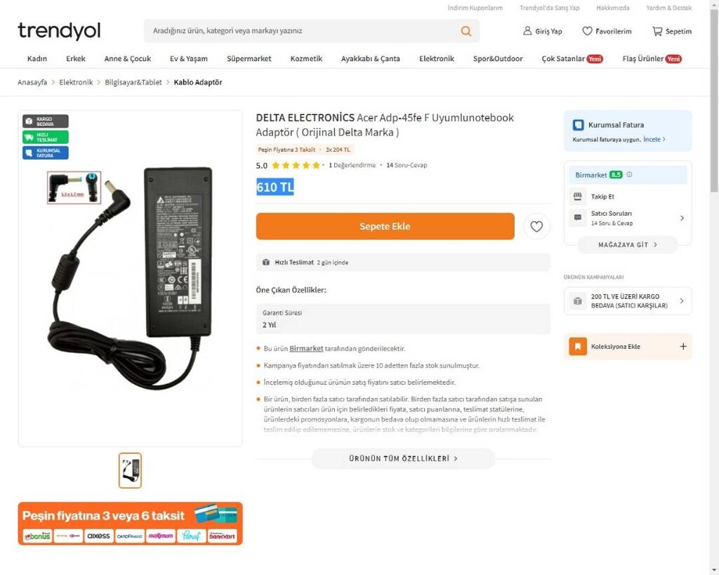 Orjinal Acer Delta 19v - 2.37a Notebook Adaptör - 9