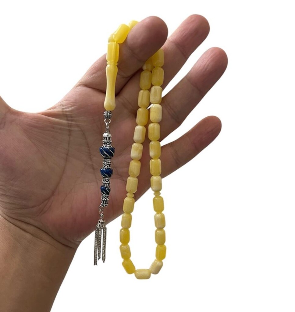 Nakkaş İşlemeli Sıkma Kehribar Tesbih Kapsül Kesim Sarı Hareli 11x7 mm - 4