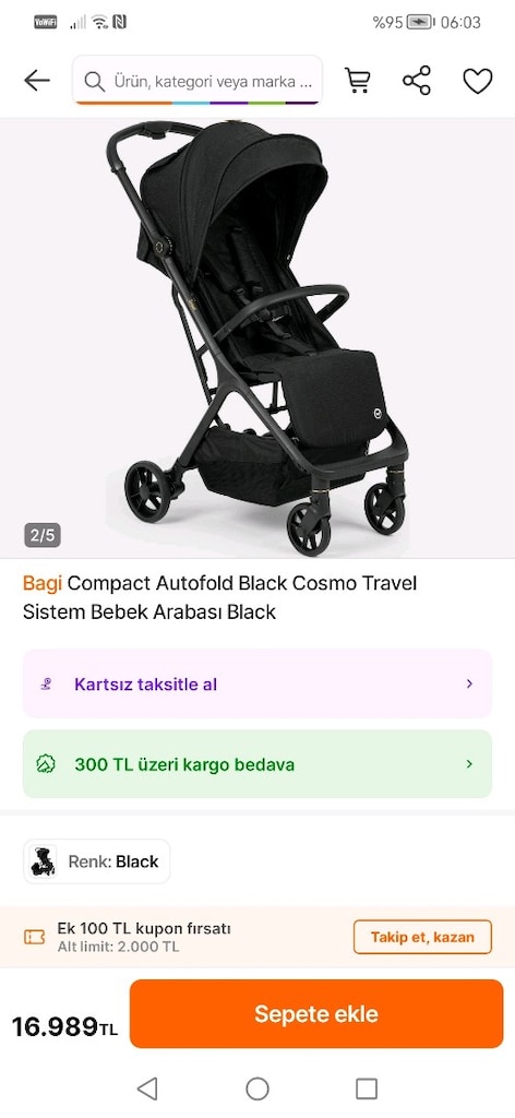 3de1 fiyata Bagi Compact Autofold Bebek Arabası - Siyah - 2
