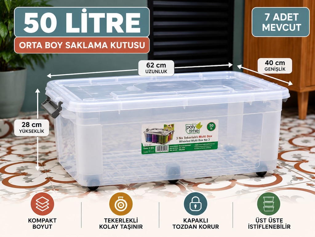 Poly Time 50 & 80 LT Tekerlekli Kapaklı Saklama Kutuları - 3