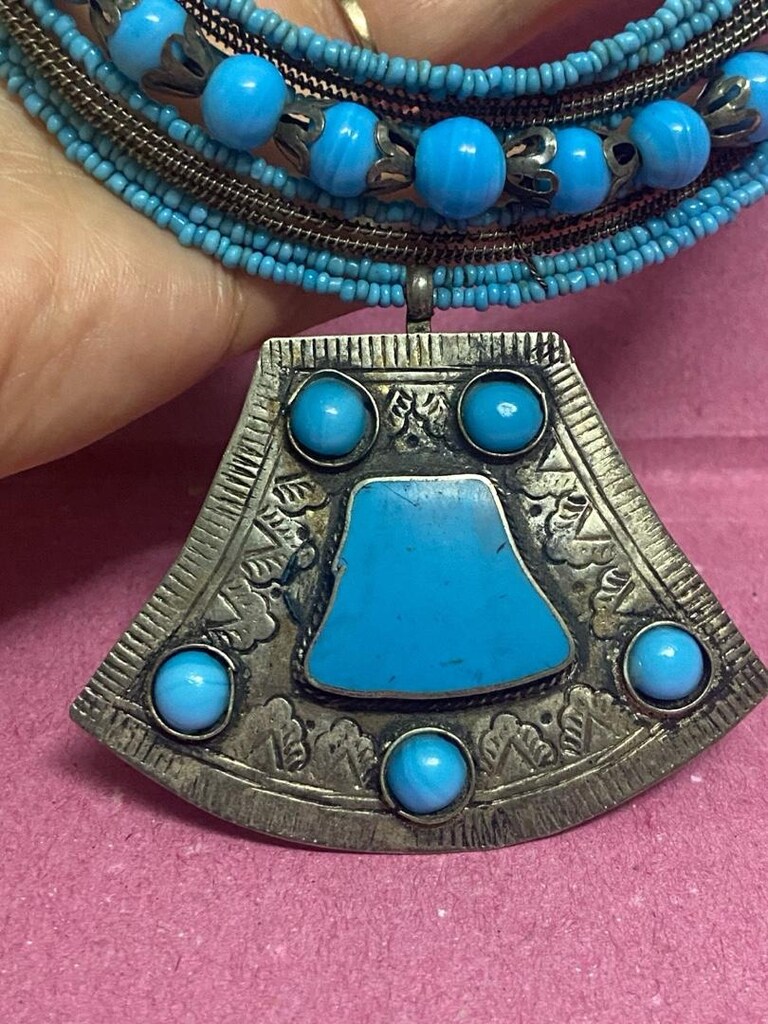 Vintage El İşçiliği Mavi Cam Boncuklu Choker ( Tasma ) Kolye - 7