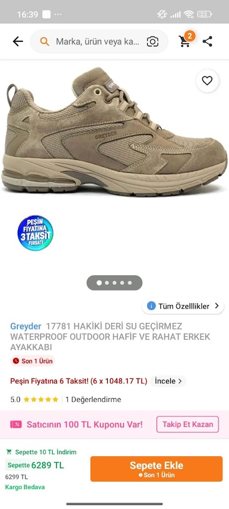 Greyder Hakiki Su geçirmez spor ayakkabı 44 numara. mağazada 9600 tl