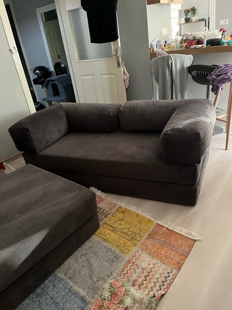 Modern Gri Kadife Fitilli İkili Koltuk ve Puf Takımı (Modüler / Temiz) - 3