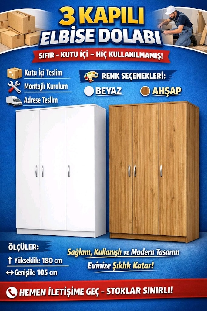 SIFIR 3 KAPILI ELBİSE DOLABI – KUTUSUNDA! Sıfır Ürün
