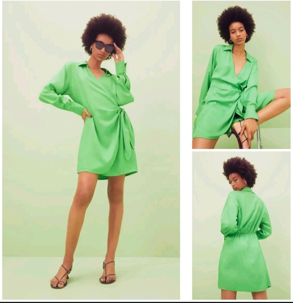 H&M Neon Yeşil Saten Kruvaze Mini Elbise – XL - 6