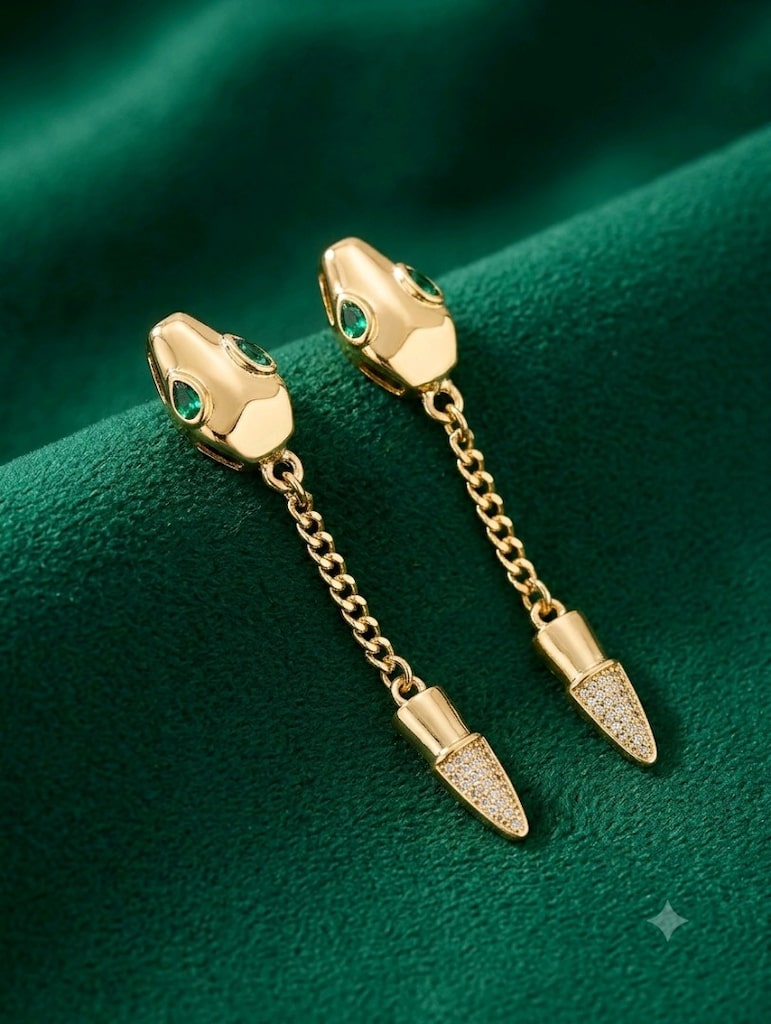Zümrüt Yeşil Taşlı Yılan Figürlü Sallantılı Gold Küpe (Sıfır) - 3