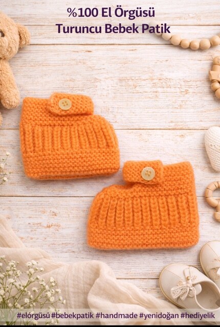 El Örgüsü Turuncu Bebek Patik | %100 Handmade | Yumuşak & Şık