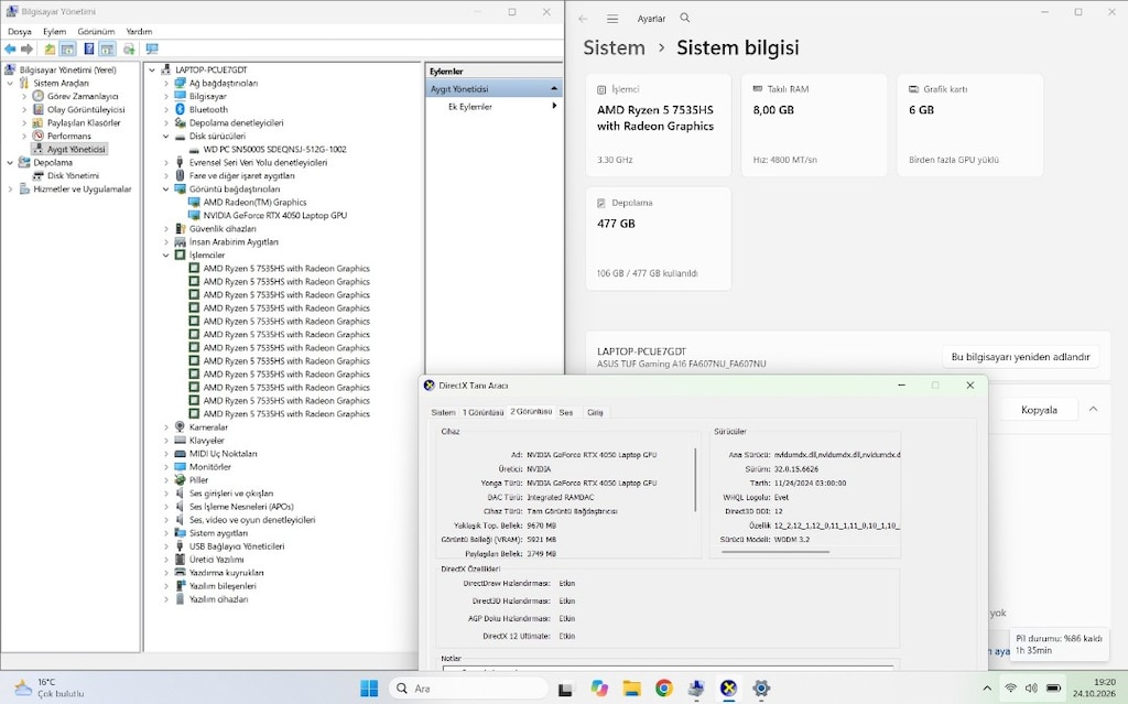 ASUS TUF GAMİNG + RYZEN 5 7535HS + 6 GB RTX 4050 + 8 GB + 512 SSD - 4