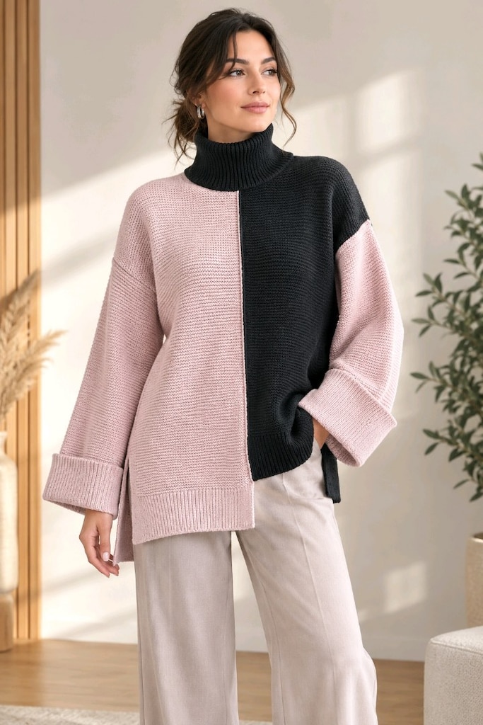 Siyah Pudra Pembe Colorblock Asimetrik Boğazlı Triko Kazak – M/L