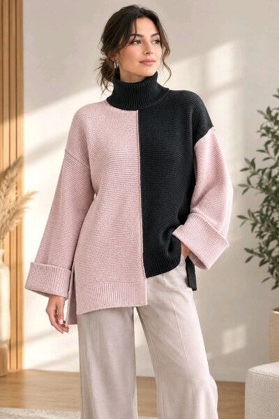 Siyah Pudra Pembe Colorblock Asimetrik Boğazlı Triko Kazak – M/L
