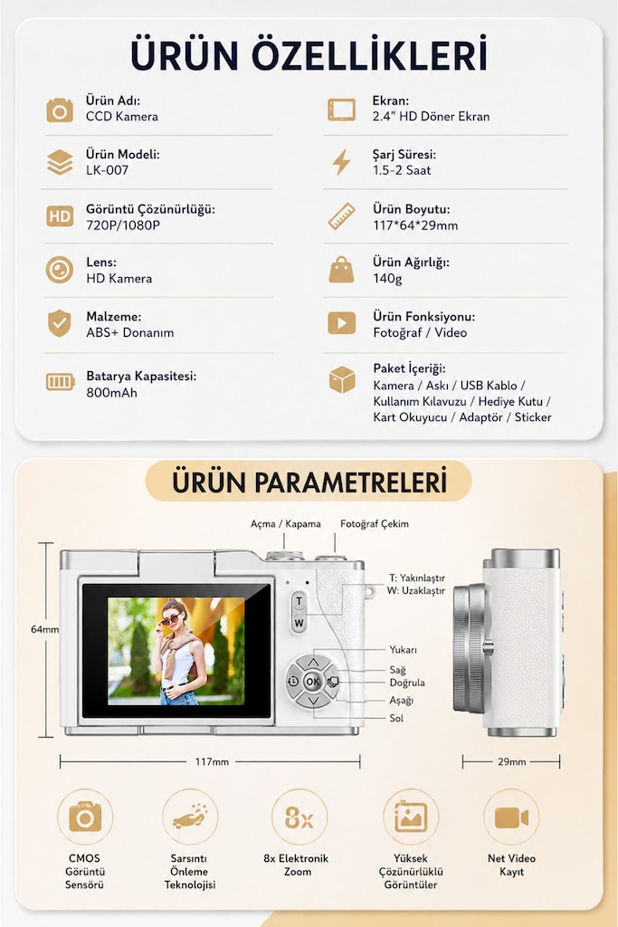 4K Dijital Fotoğraf Makinesi 48MP Flip Ekranlı 8X Zoom Flaşlı - 7