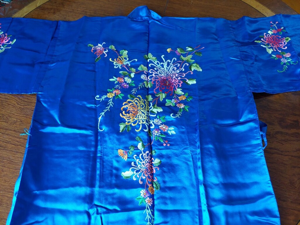 Orijinal Vintage %100 Saf İpek El İşlemeli Mavi Kimono - 2