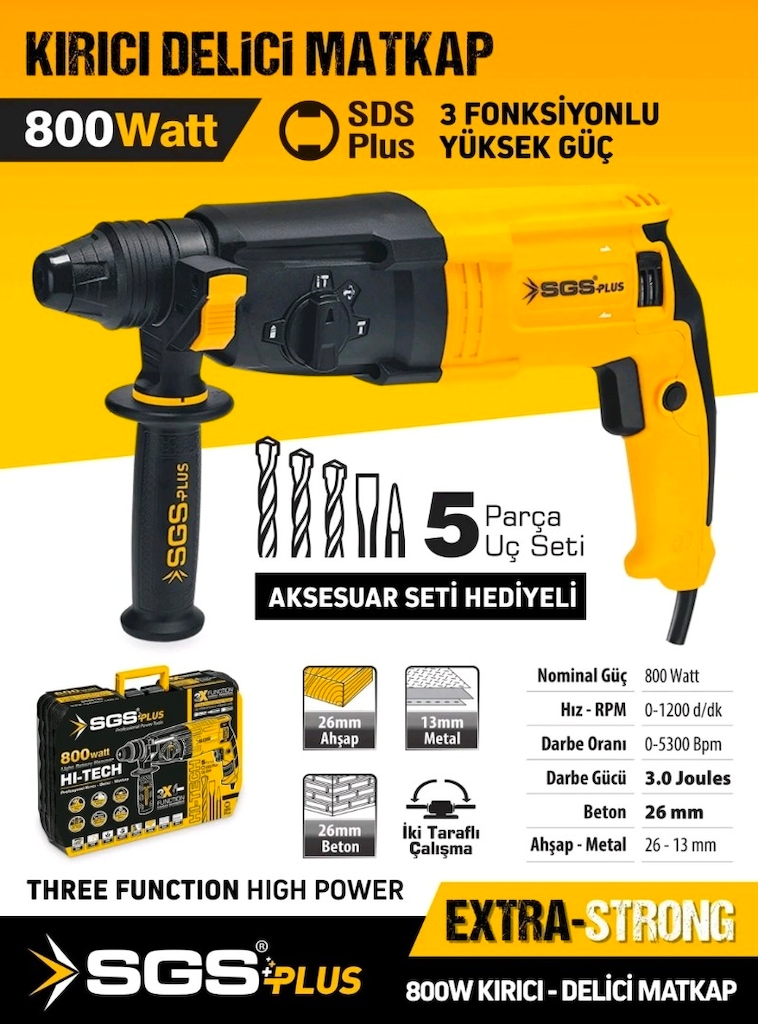 800 Watt SGSPLUS KIRICI DELİCİ MATKAP. ÇANTALI. Sıfır açılmadık kutu - 6