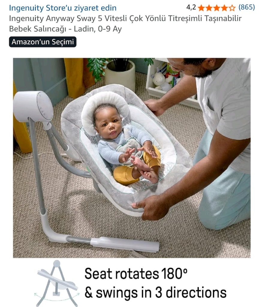 Ingenuity Anyway Sway 5 Vitesli Taşınabilir Bebek Salıncağı - Ladin - 3