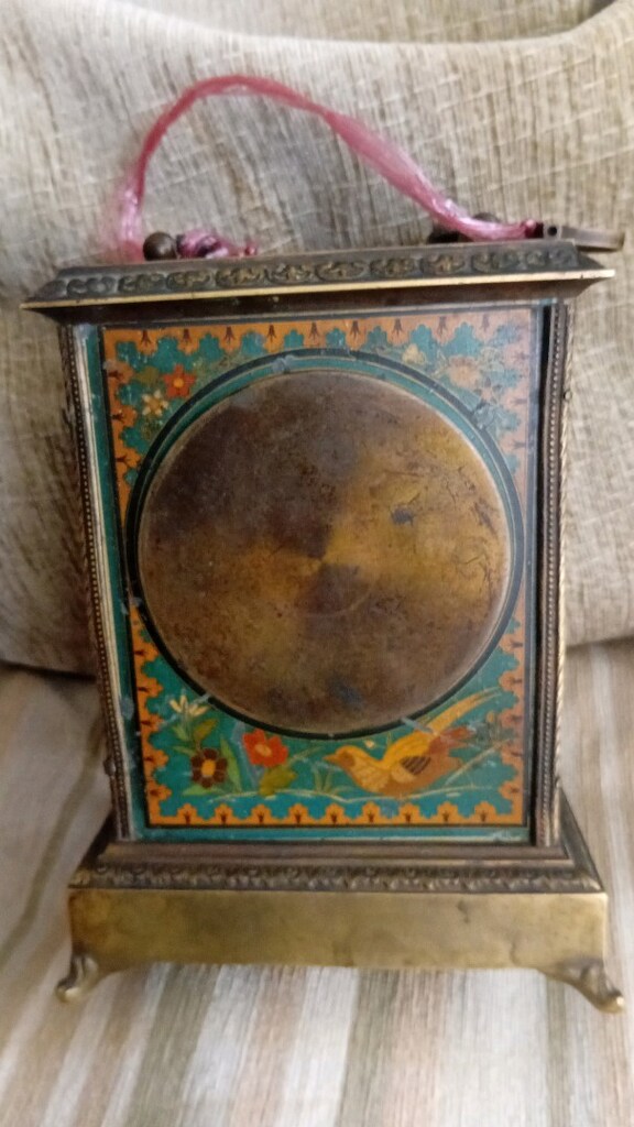 1800s Fransız bronz seyahat saati üzeri komple mineli el boyama - 3