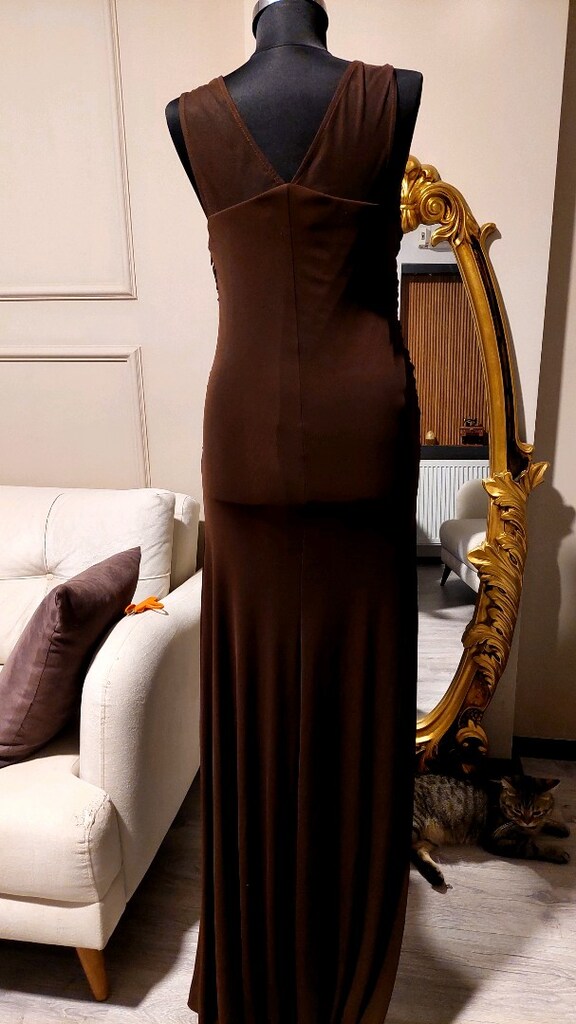 Koyu kahve likralı drape güpür tasarım abiye - 7