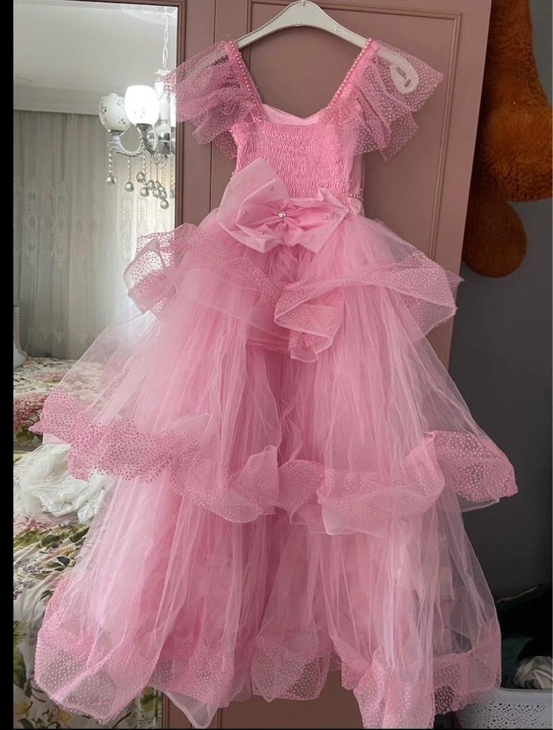 pembe kat kat tüllü kız çocuk abiye elbise - 5
