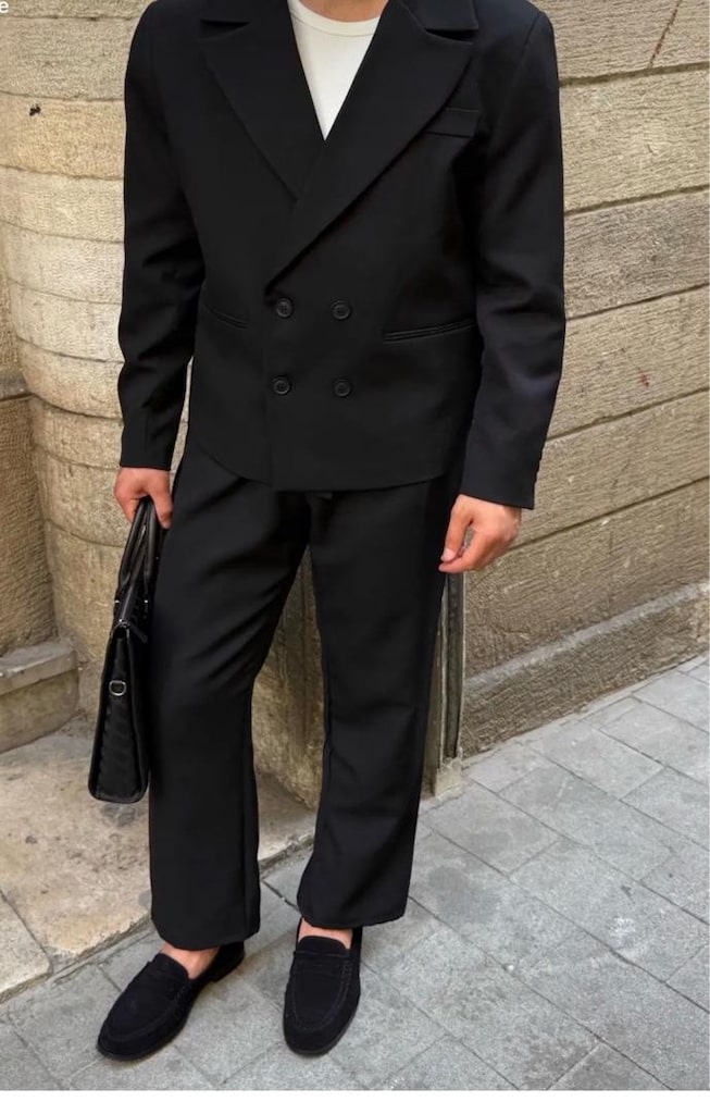 Xramburada Premium Kruvaze Boxy Ceket Baggy Pileli Pantolon Siyah Erke - 4