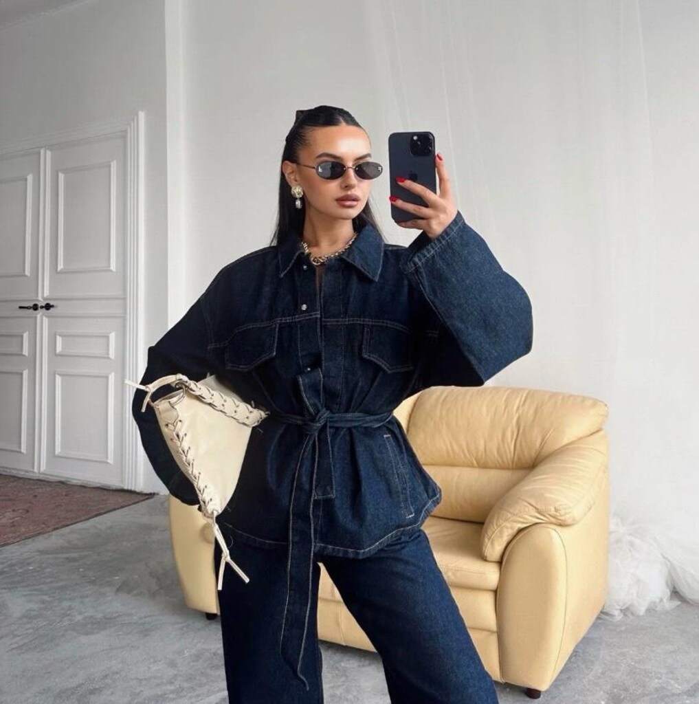 Koyu lacivert Bağlamalı Denim Takım Ceket ve Yüksek bel pantolon - 2