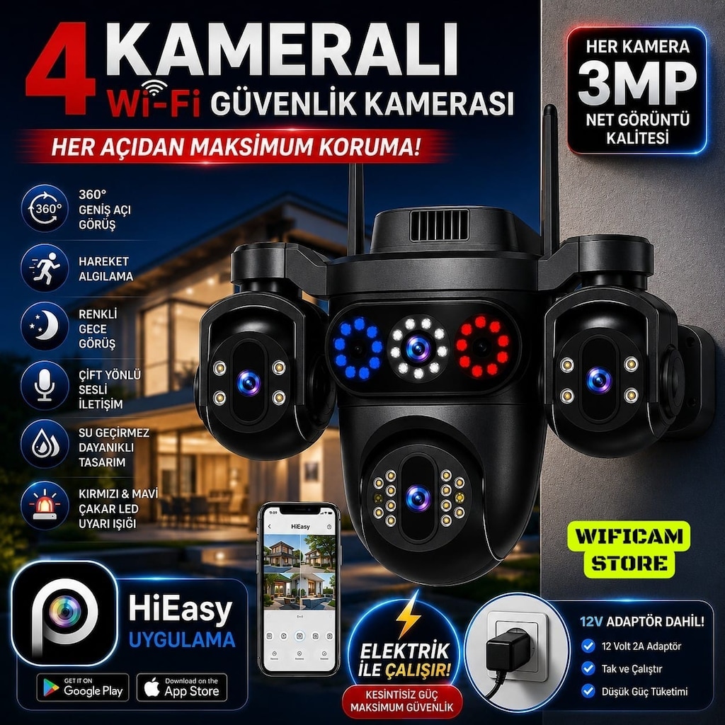 4 Kameralı Çakarlı PTZ Wİfi Kamera Hieasy Yazılım - 2