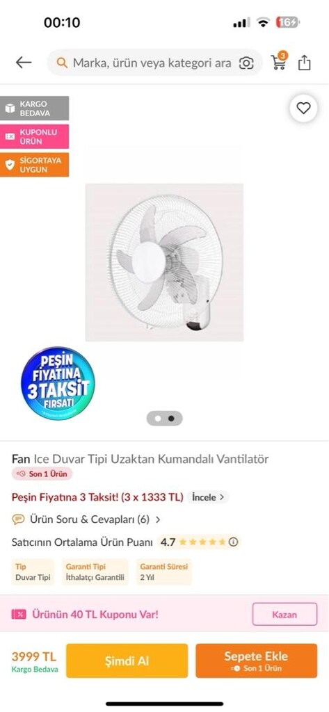 SADECE BU HAFTAYA ÖZEL 4000 TL DEĞERİNDE DUVAR TİPİ vantilatör 1499 TL - 2