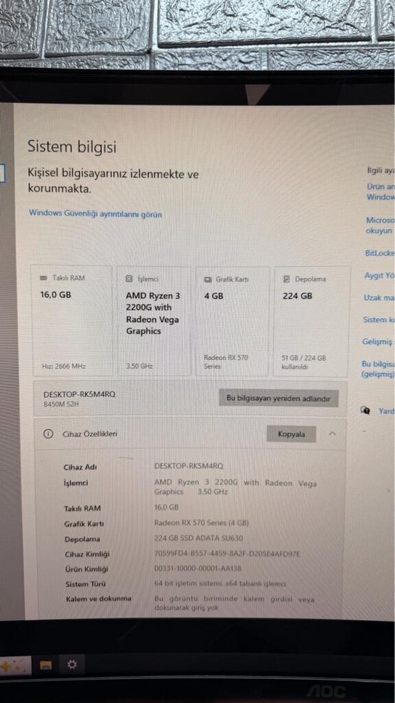 " TEMİZ " R3 2200G / RX 570 / 16GB RAM / 240GB SSD - SİSTEM - 4