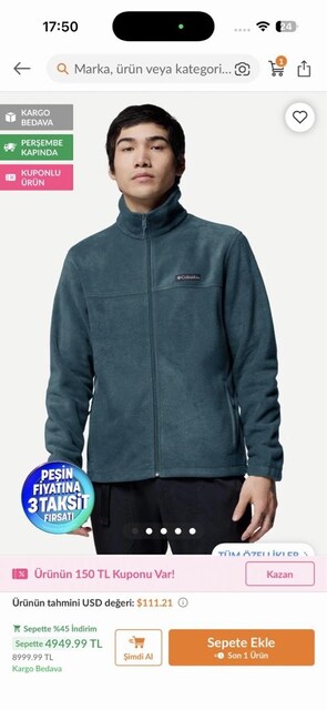 Columbia erkek polar sweatshirt sıfır