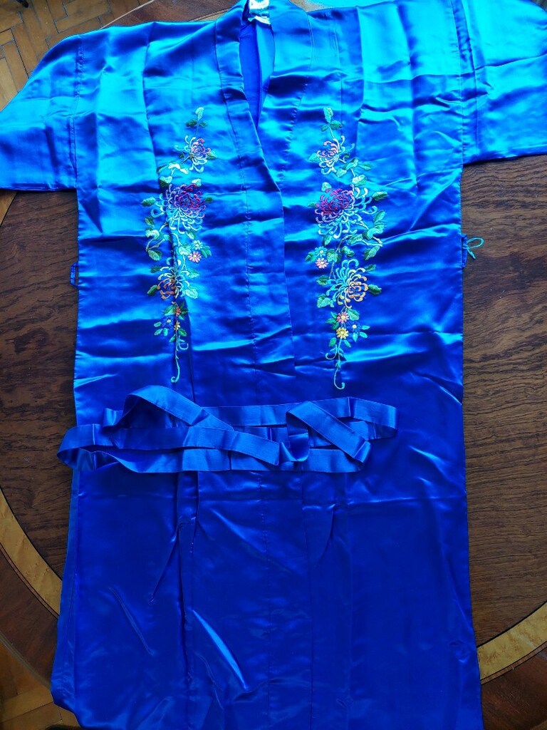 Orijinal Vintage %100 Saf İpek El İşlemeli Mavi Kimono - 6