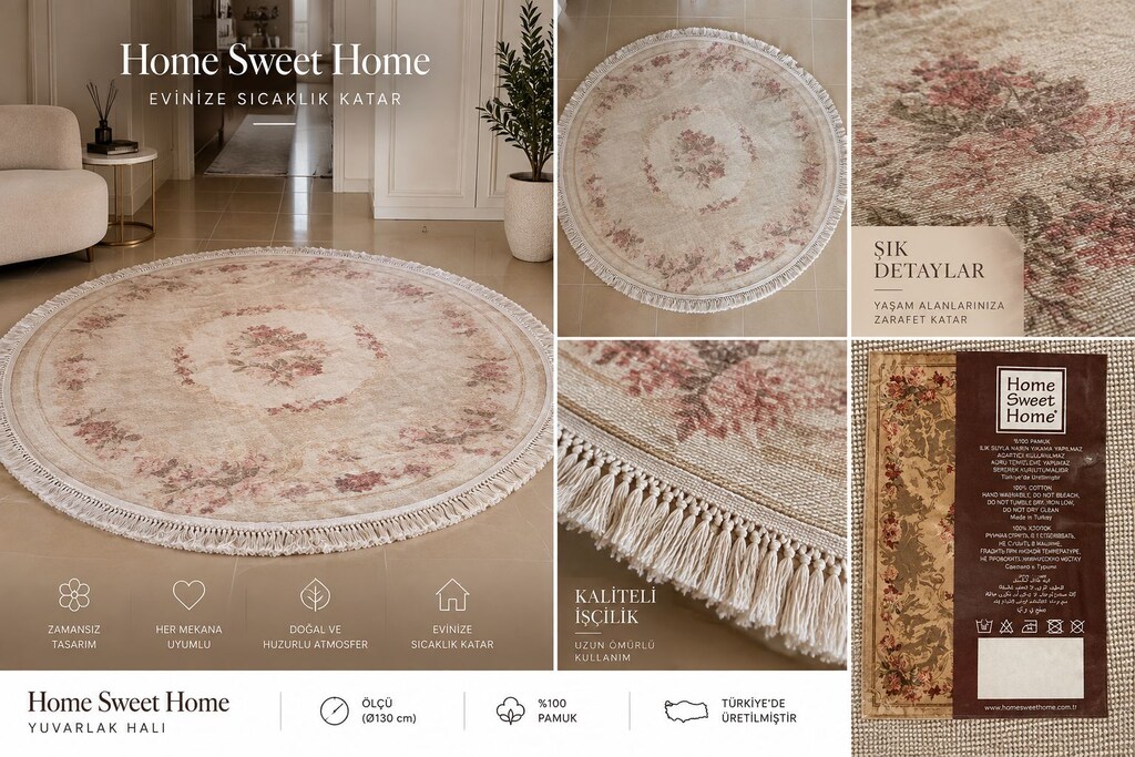 Home Sweet Home %100 Pamuk Yuvarlak Halı | Çok Temiz - 2