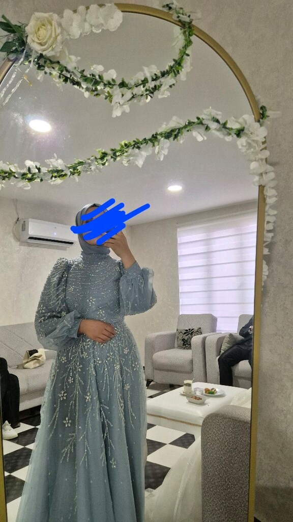 Gümüş taş işlemeli açık mavi abiye - 3