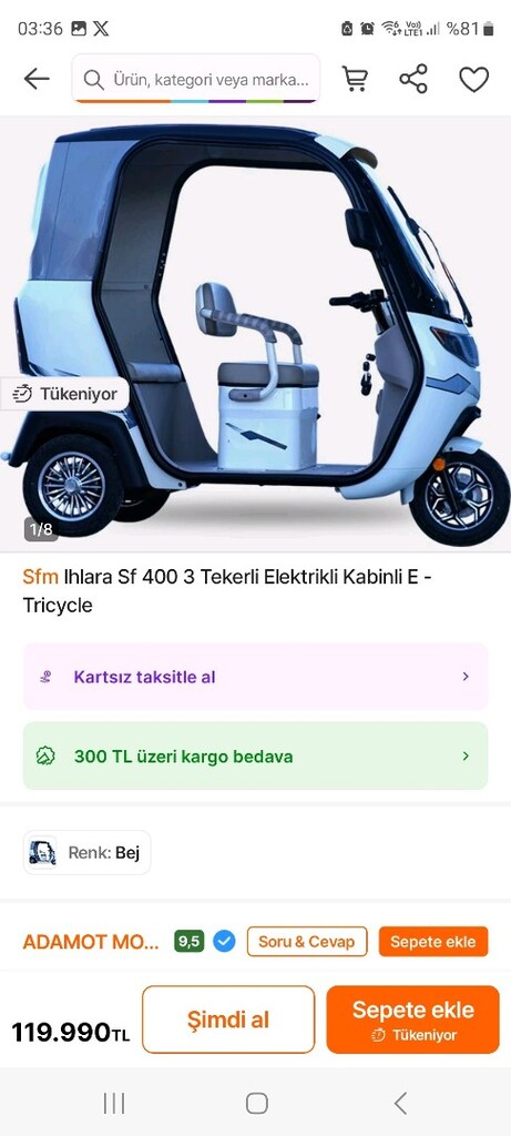 Sfm Ihlara Sf 400 3 Tekerli Elektrikli Kabinli E - Tricycle Krem - 11