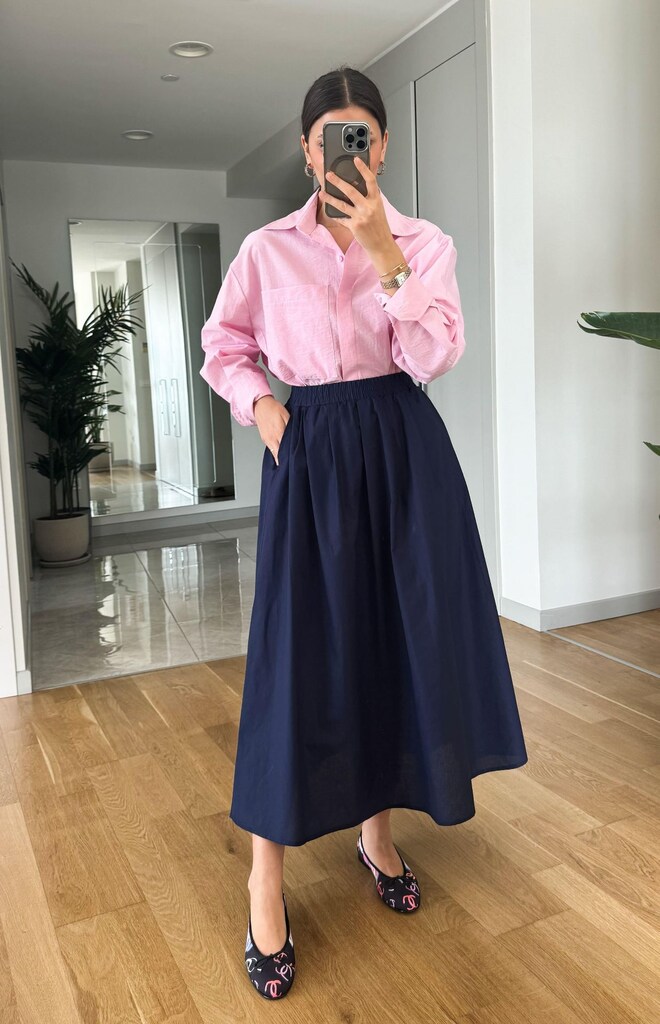 Lacivert Poplin Cepli Kloş Etek – Rahat Kesim, Günlük & Şık