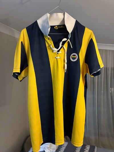 Fenerbahçe Çubuklu L Beden Bağcıklı Yaka Retro Triko Forma - Fenerium