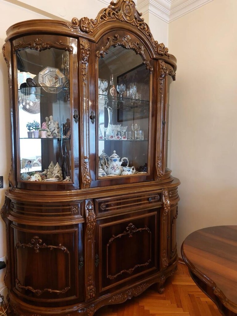 Antika Ceviz Salon Takımı Masa Sandalye Vitrin Büfe - 4