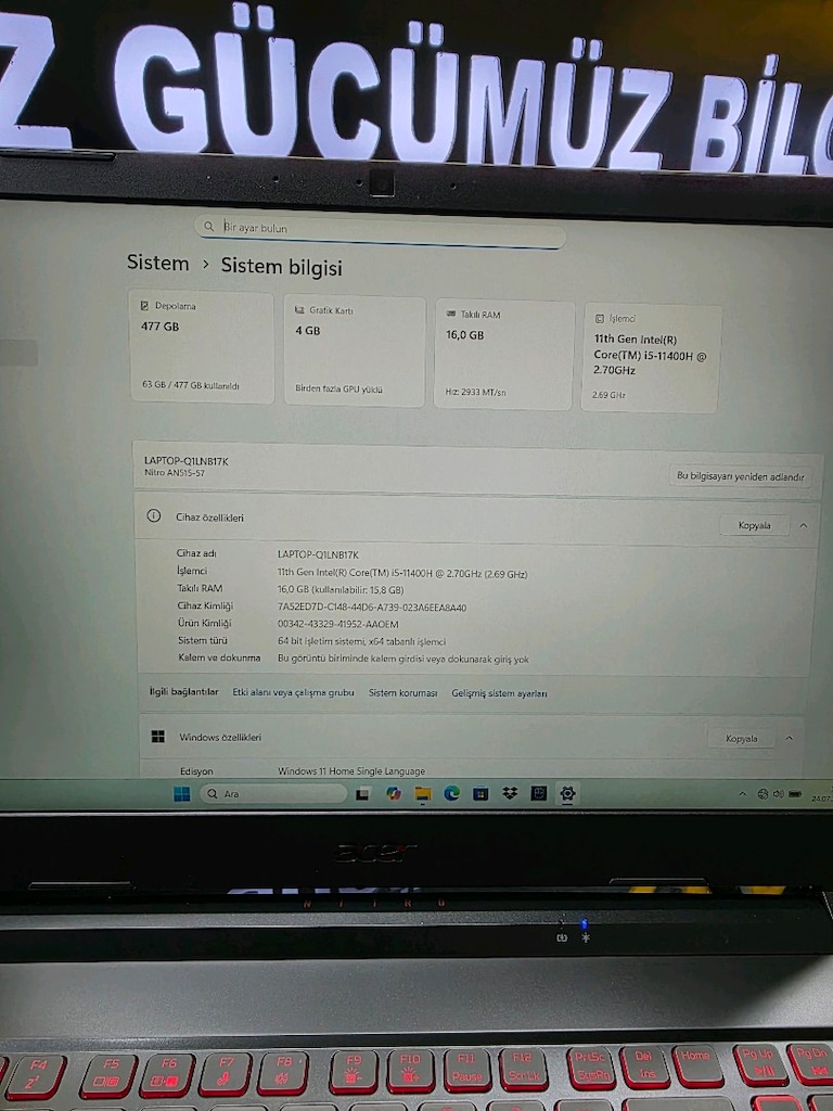 ACER NİTRO5 RTX3050 16GB RAM 512SSD 144 HERZ SİFİRDAN FARKSİZ - 8