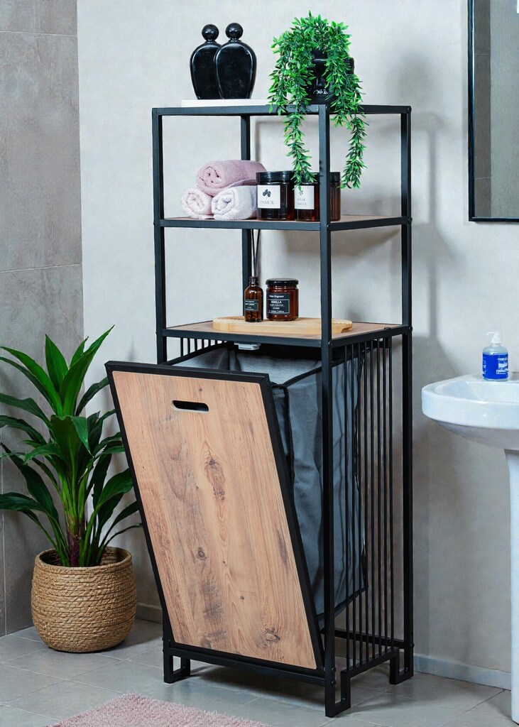KİRLİ SEPETLİ BANYO DOLABI AHŞAP RAFLI METAL GÖVDELİ 3 RAFLI ORGANİZER