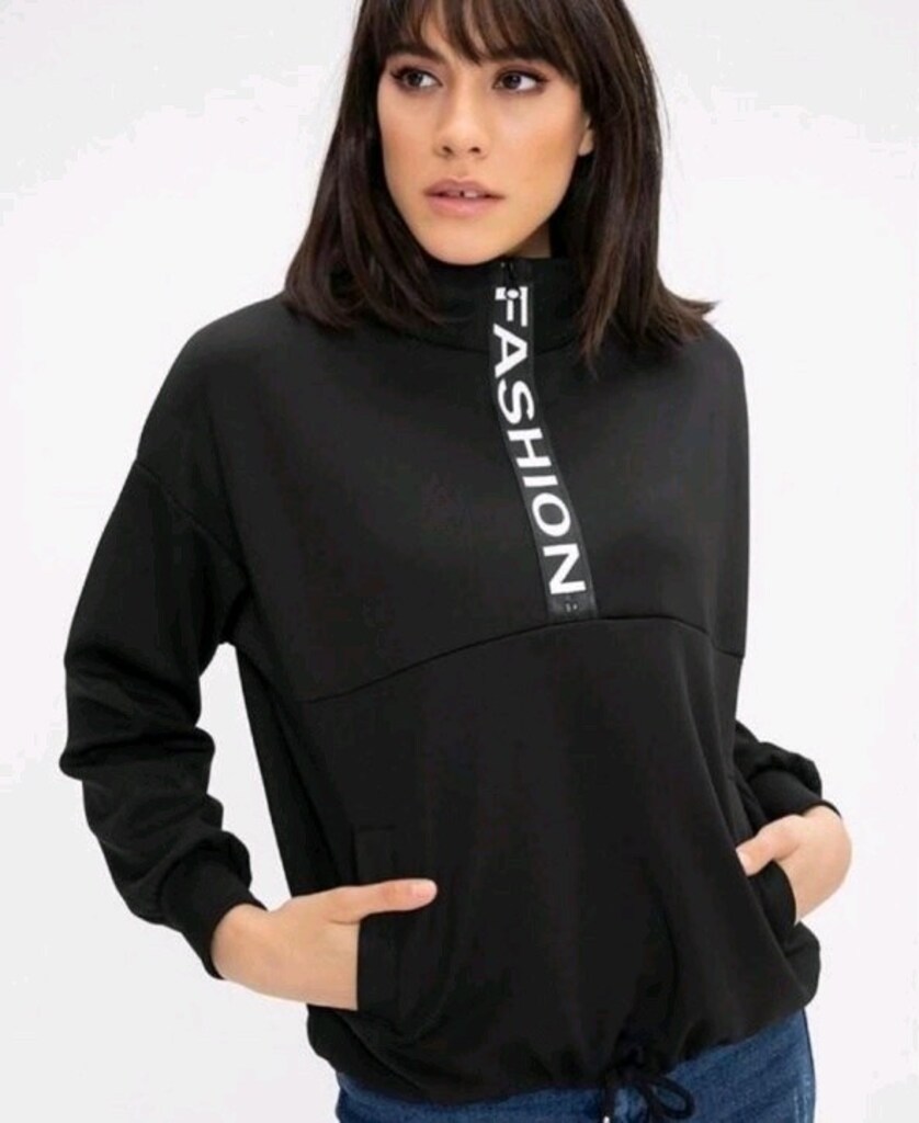 Yarım Fermuarlı yazı desenli dalgıç kumaş Sweatshirt