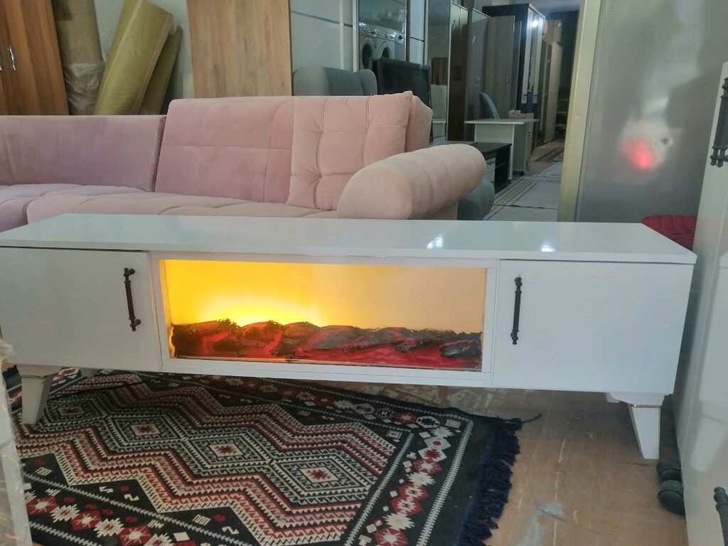 TV ünitesi şömineli çift kapaklı beyaz renk - 6