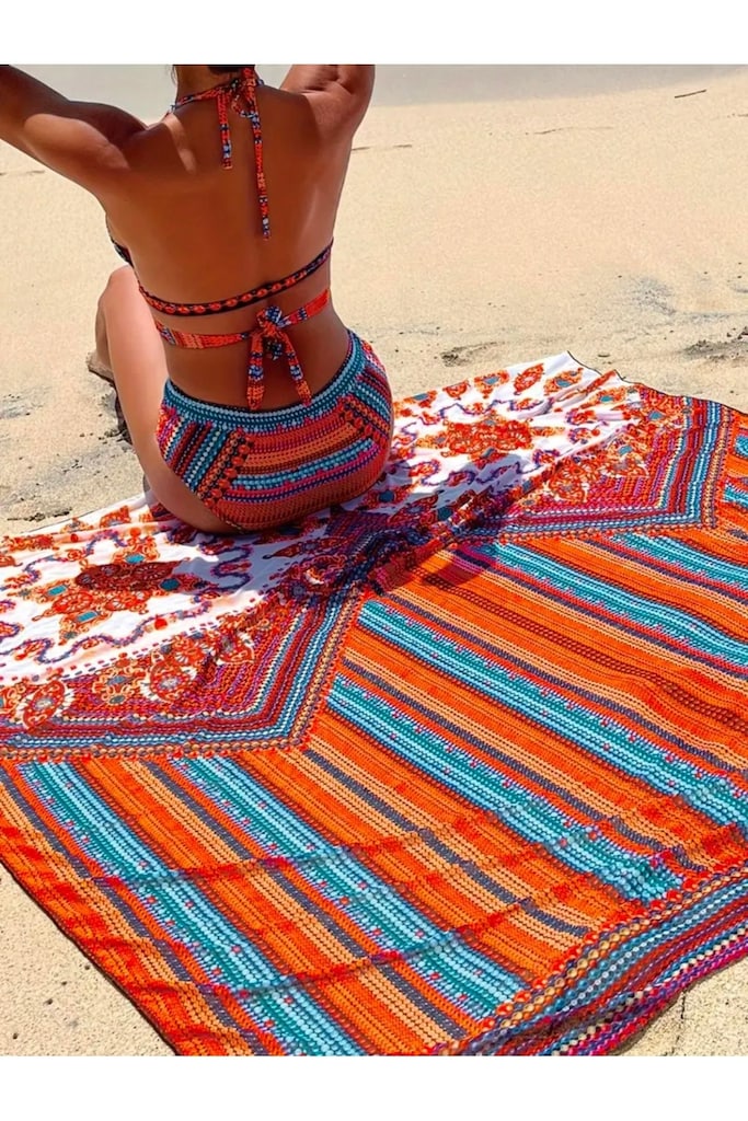 B166 3 Parça Çapraz Askılı Bikini Takımı Yaz Plajı İçin Baskılı Askılı - 4