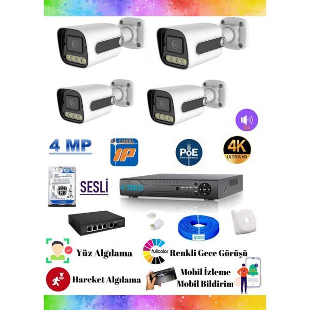 4 Mp IP POE Sesli 4 Kameralı Güvenlik Kamera Seti Teico- 6044 500