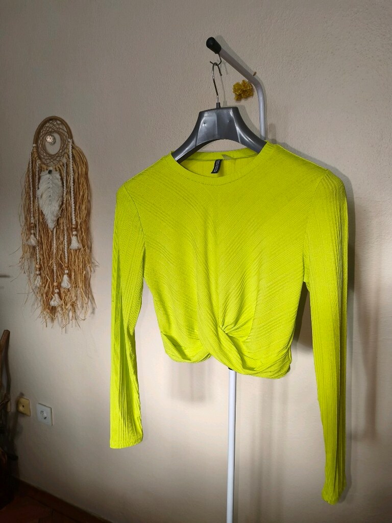H&M Büzgülü Yeşil Uzun Kollu Crop Bluz L 40