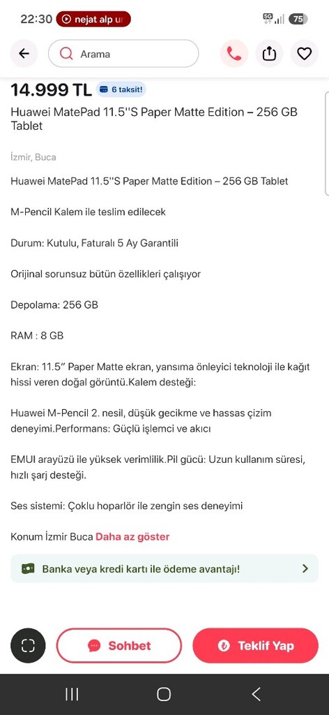 HUAWEİ 11.5S PAPERMATE 256gb - 10