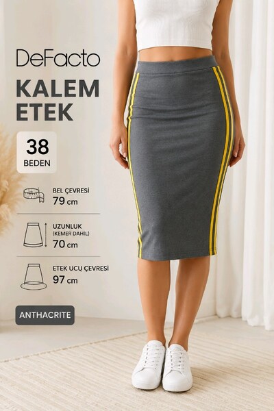 DeFacto Antrasit (Koyu Gri) Şerit Detaylı Kalem Etek – 38 Beden