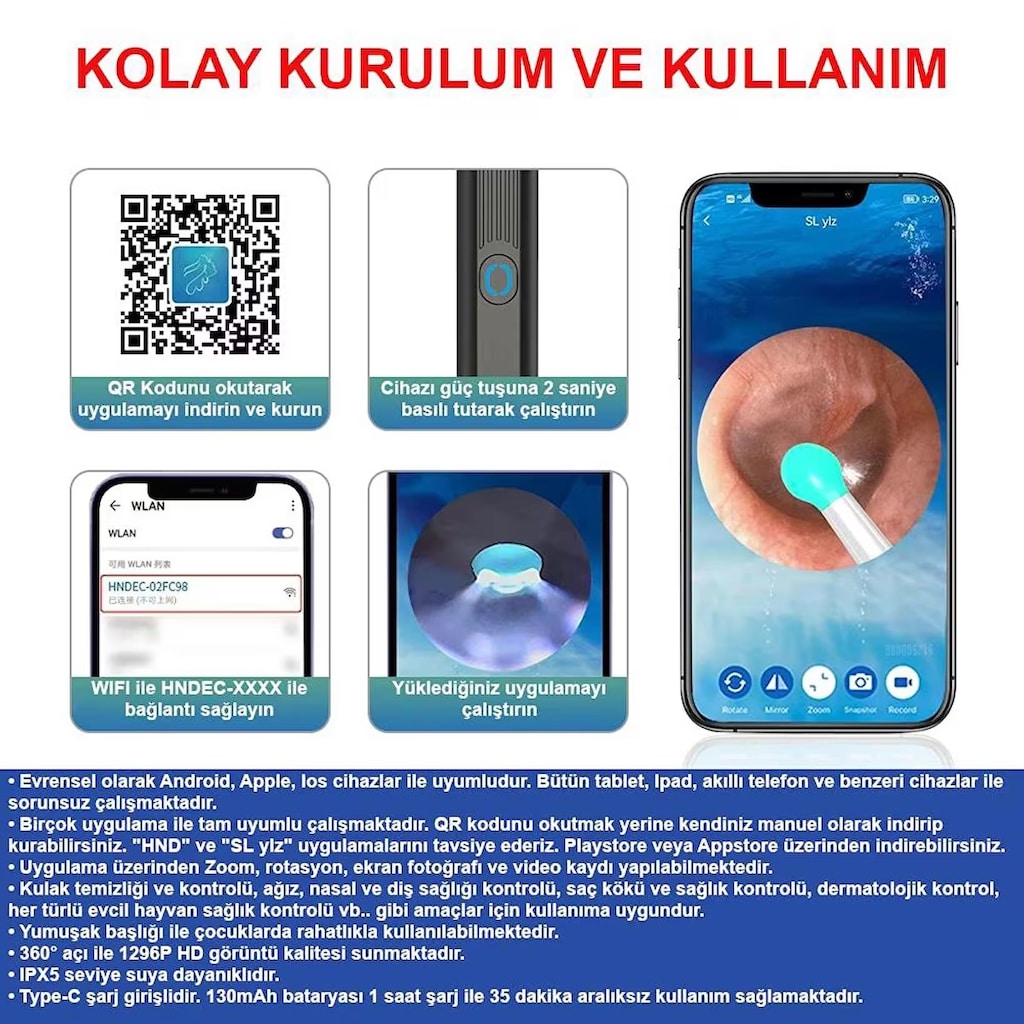 KULAK TEMİZLEME KAMERASI KABLOSUZ WI-FI (SIFIR) - 4