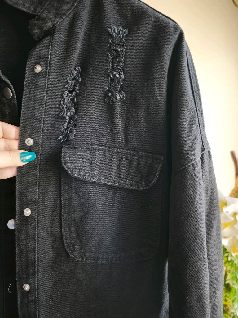 Siyah Yıpratmalı Armalı Denim Ceket Gömlek – L Beden - 5