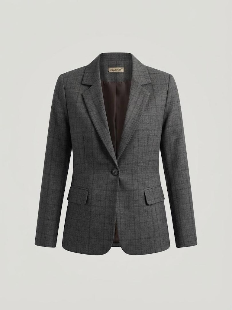 Gri Ekose Tek Düğmeli Blazer Ceket