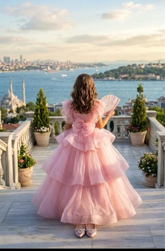 pembe kat kat tüllü kız çocuk abiye elbise - 2