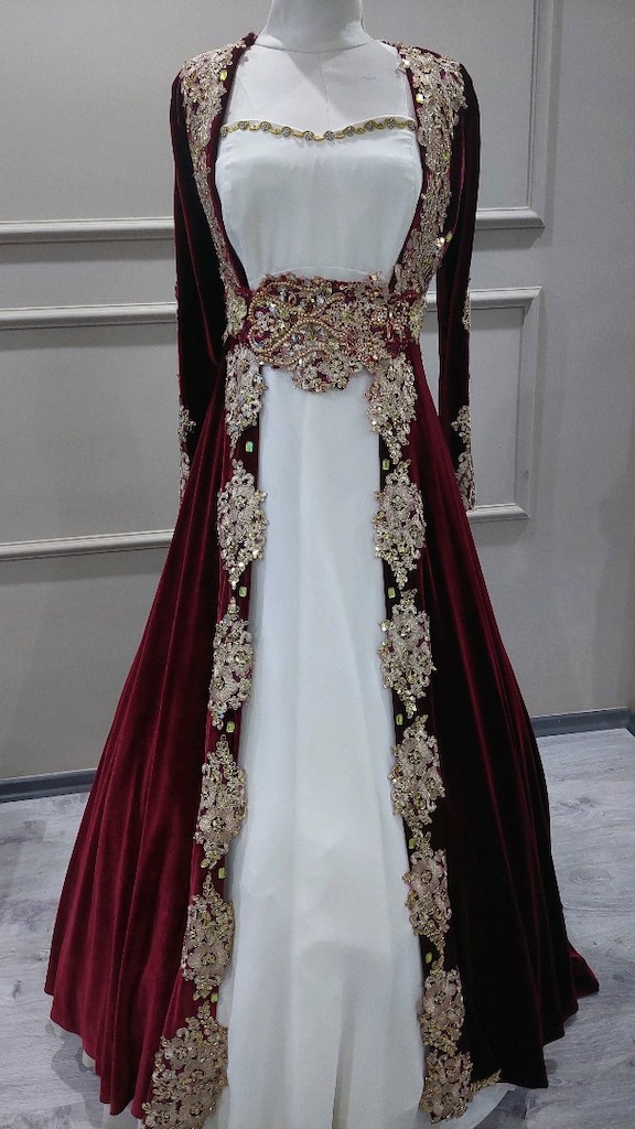 Kırmızı bordo aradı kadife kaftanlı bindallı - 4